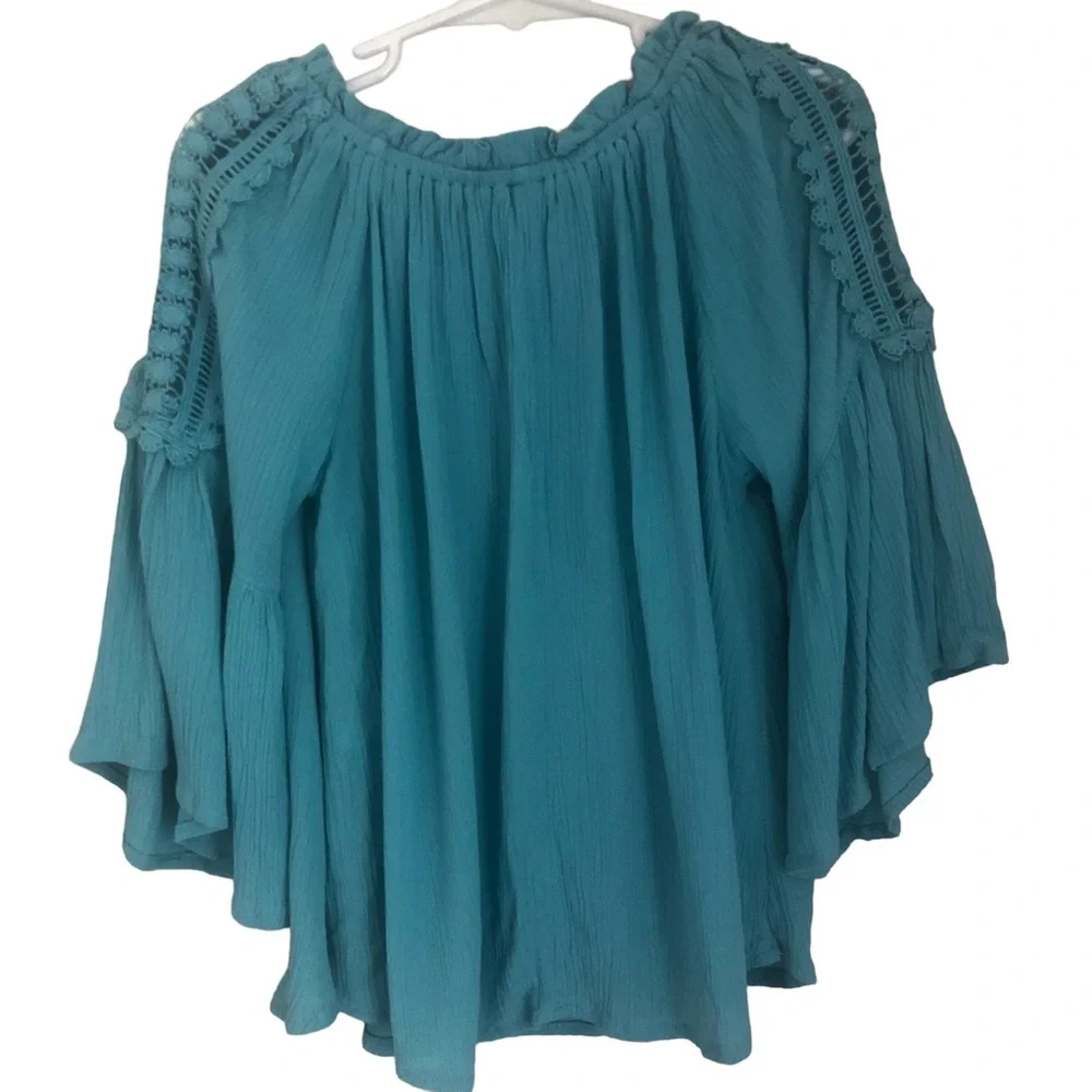 JUSTICE Store Teal Peasant Top Bell Sleeves Crochet Tasseles BOHO